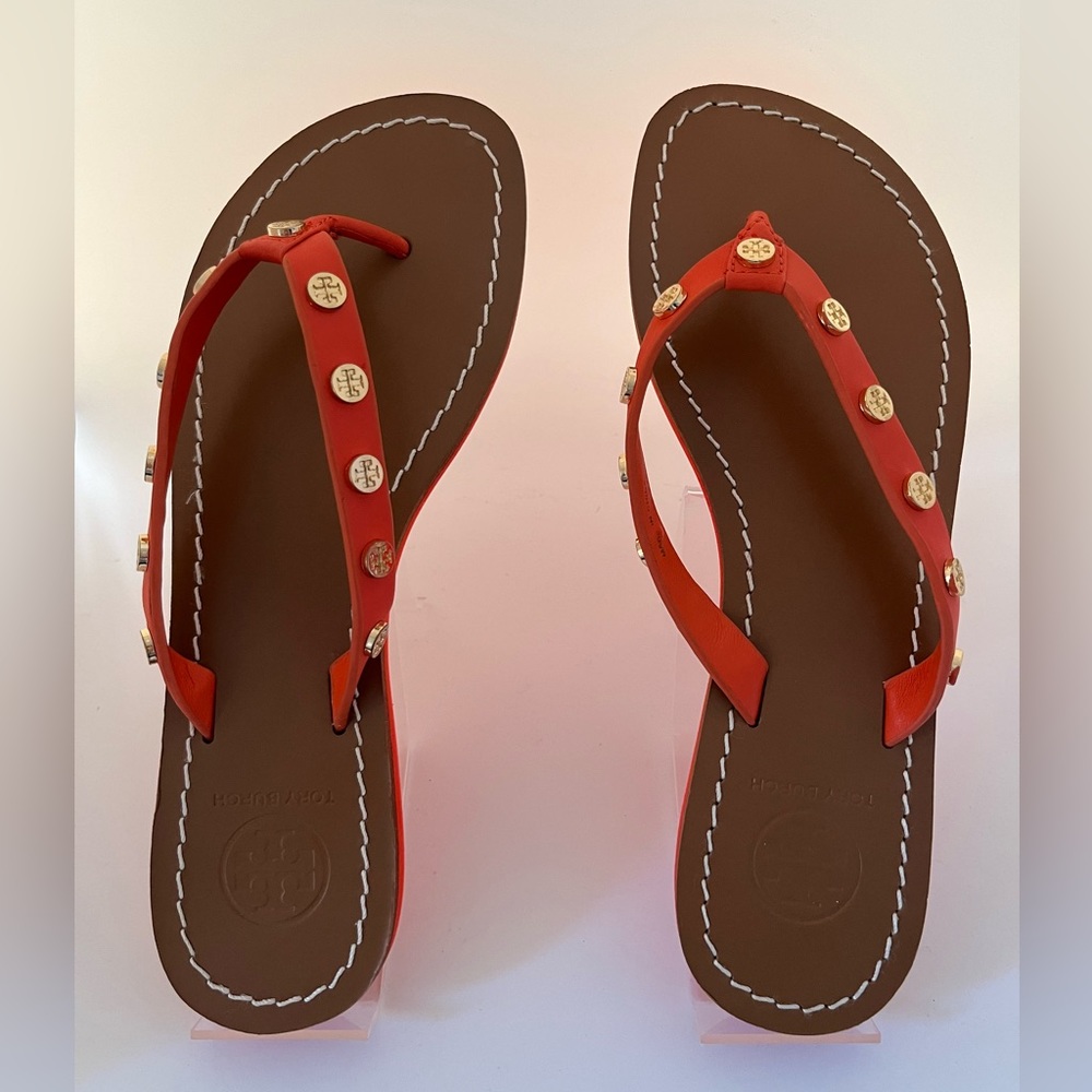 Tory Burch Ricki Poppy Red ( orange) leather Flip Flops New unworn w/box - Picture 6 of 7